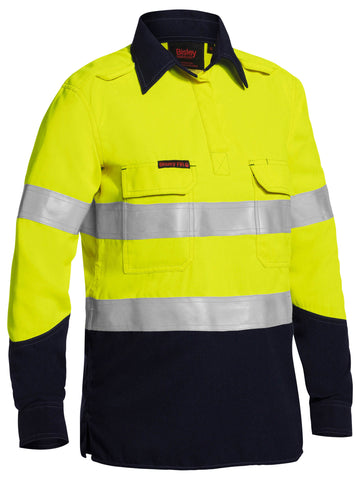 Bisley Workwear Womens TenCate Tecasafe® Plus Taped Two Tone Hi Vis FR Closed Front Shirt With Concealed Front Placket- Long Sleeve Yellow/Navy - Discontinued