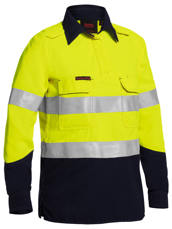 Bisley Workwear Womens TenCate Tecasafe® Plus Taped Two Tone Hi Vis FR Closed Front Shirt With Concealed Front Placket- Long Sleeve Yellow/Navy - Discontinued
