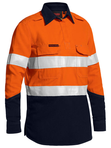 Bisley Workwear Womens TenCate Tecasafe® Plus Taped Two Tone Hi Vis FR Closed Front Shirt With Concealed Front Placket- Long Sleeve Orange/Navy - Discontinued