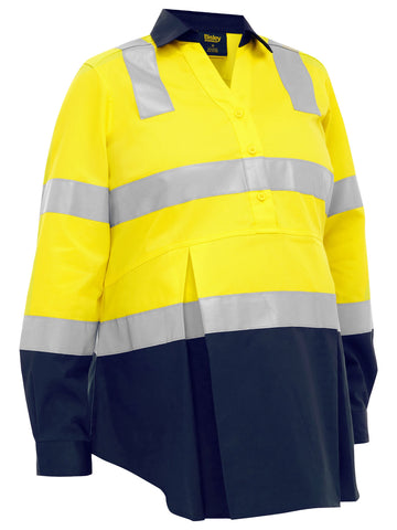 Bisley Workwear Women's Taped Two Tone Hi Vis Closed Front Maternity Shirt Yellow/Navy
