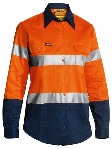 Bisley Workwear Women's Taped Hi Vis Drill Shirt Orange/Navy