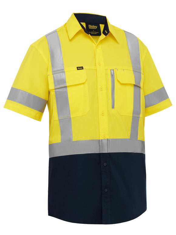 Bisley Workwear X Taped Hi Vis Stretch Cotton Shirt Yellow/Navy