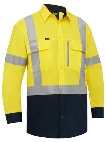 Bisley Workwear X Taped Hi Vis Stretch Cotton Shirt Yellow/Navy