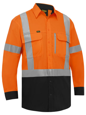Bisley Workwear X Taped Hi Vis Stretch Cotton Shirt Orange/Navy