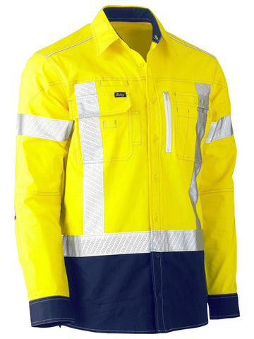Bisley Workwear Flx & Move™ X Taped Hi Vis Utility Shirt Yellow/Navy - Discontinued