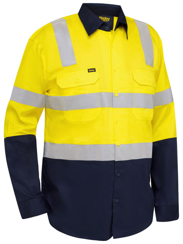 Bisley Workwear Taped Hi Vis Cool Lightweight Shirt with Shoulder Tape Yellow/Navy