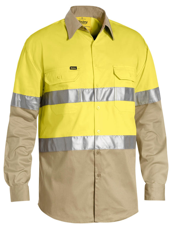 Bisley Workwear Taped Hi Vis Cool Lightweight Shirt Yellow/Khaki