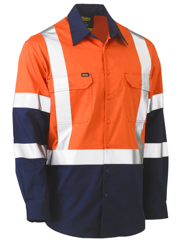 Bisley Workwear X Taped Biomotion Two Tone Hi Vis Lightweight Drill Shirt Orange/Navy