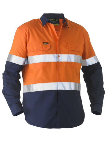 Bisley Workwear Bisley Recycle Taped Two Tone Hi Vis Drill Shirt Orange/Navy