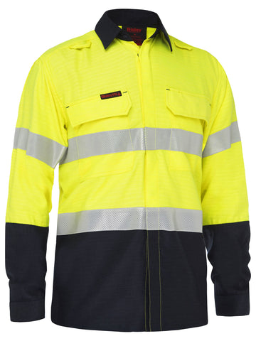 Bisley Workwear Apex 160 Taped Hi Vis FR Ripstop Vented Shirt Yellow/Navy