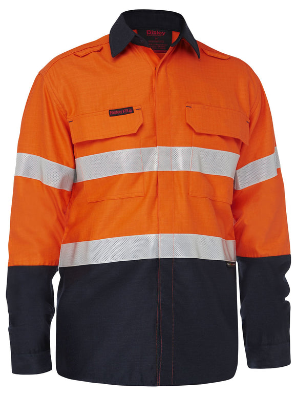 Bisley Workwear Apex 160 Taped Hi Vis FR Ripstop Vented Shirt Orange/Navy