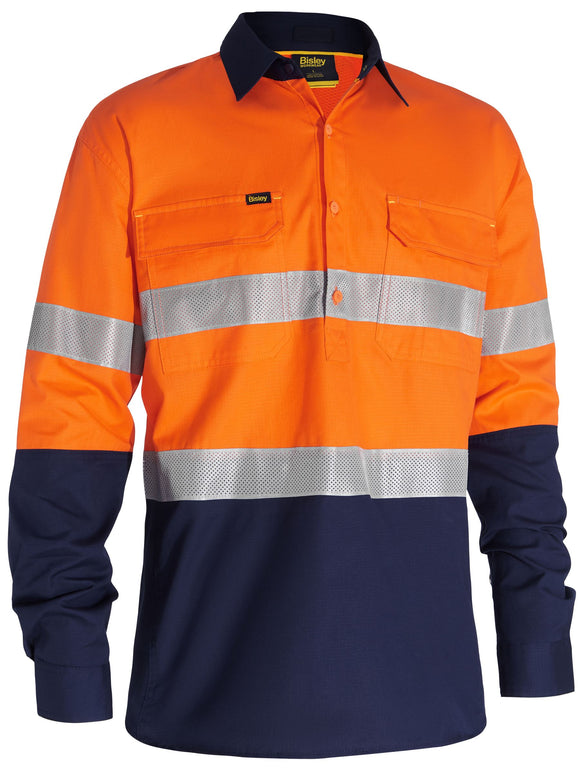 Bisley Workwear X Airflow™ Closed Front Taped Hi Vis Ripstop Shirt Orange/Navy