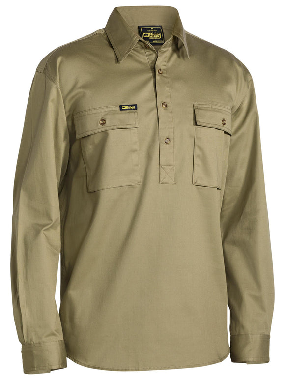 Bisley Workwear Closed Front Cotton Drill Shirt Khaki