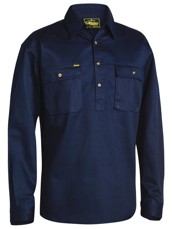 Bisley Workwear Closed Front Cotton Drill Shirt Navy