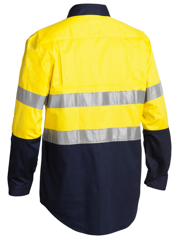 Bisley Workwear Taped Hi Vis Closed Front Cool Lightweight Shirt Yellow/Navy