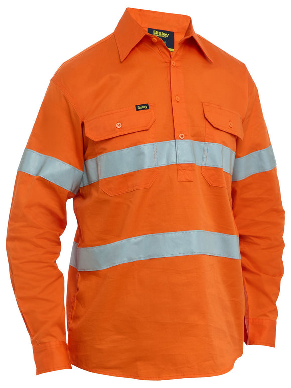 Bisley Workwear Taped Hi Vis Cool Lightweight Closed Front Shirt Orange