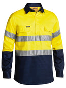 Bisley Workwear Taped Hi Vis Closed Front Drill Shirt Yellow/Navy