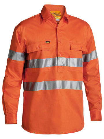 Bisley Workwear Taped Hi Vis Closed Front Drill Shirt Orange