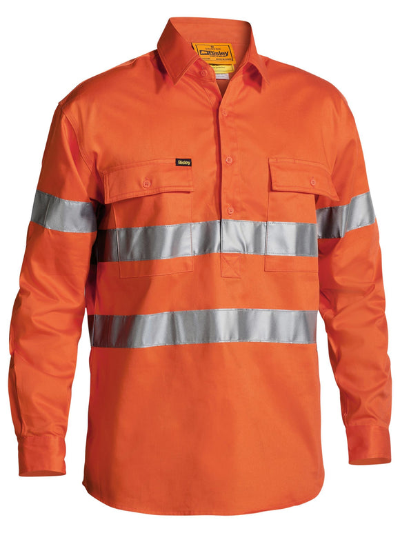 Bisley Workwear Taped Hi Vis Closed Front Drill Shirt Orange