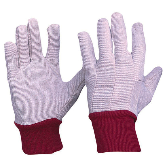 Cotton Drill Red Knit Wrist Gloves Ladies Size White