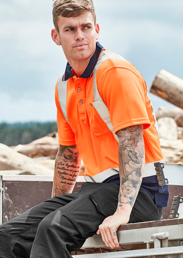 Mens Hi Vis Spliced Short Sleeve Polo - Shoulder Taped - Orange/Navy