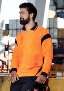 Mens Hi Vis Aztec Long Sleeve Polo - Orange/Navy