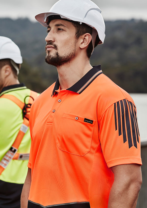 Mens Hi Vis Flux Short Sleeve Polo - Orange/Navy