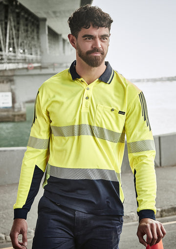 Mens Hi Vis Flux Segmented Tape Long Sleeve Polo - Yellow/Navy