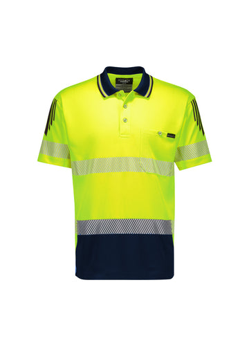 Mens Hi Vis Flux Segmented Tape Short Sleeve Polo - Yellow/Navy