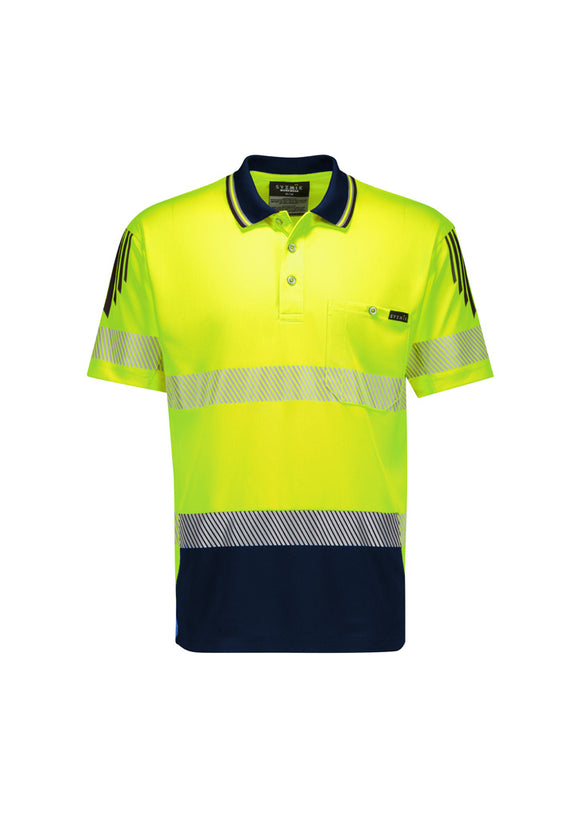 Mens Hi Vis Flux Segmented Tape Short Sleeve Polo - Yellow/Navy