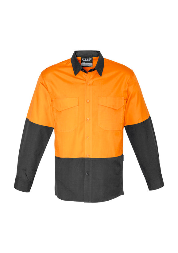 Mens Rugged Cooling Hi Vis Long Sleeve Shirt - Orange/Charcoal