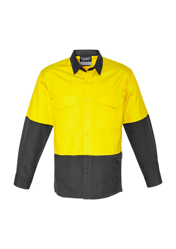 Mens Rugged Cooling Hi Vis Long Sleeve Shirt - Yellow/Charcoal