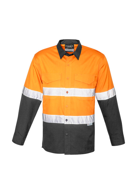Mens Rugged Cooling Hi Vis Taped Long Sleeve Shirt - Orange/Charcoal