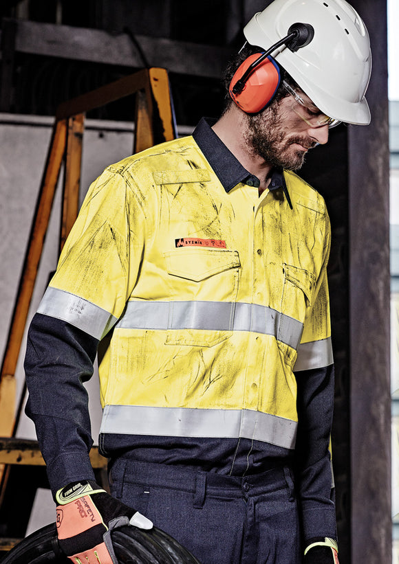 Mens Orange Flame Hi Vis Open Front Spliced Shirt - Hoop Taped - Yellow/Navy