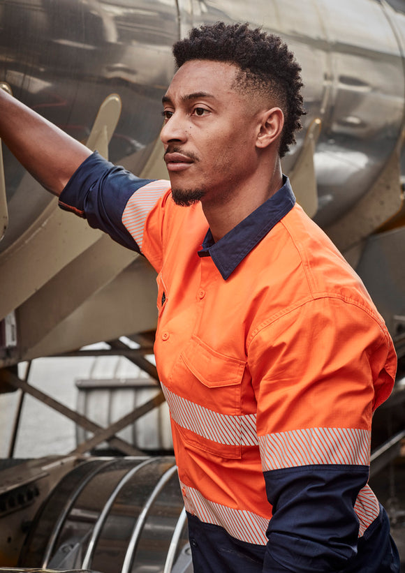 Mens Rugged Cooling Hi Vis Segmented Tape Long Sleeve Shirt - Orange/Navy