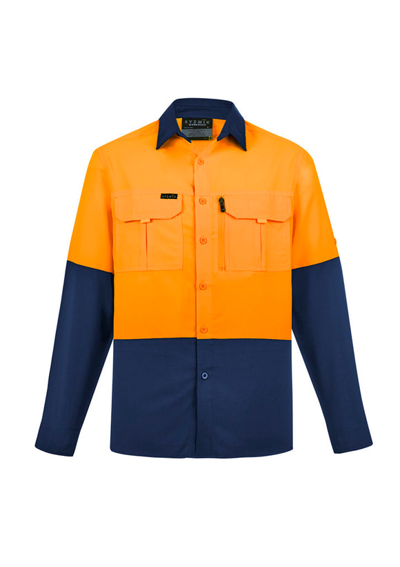 Mens Hi Vis Outdoor Long Sleeve Shirt - Orange/Navy