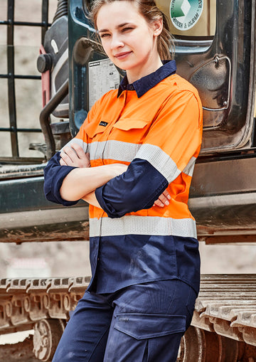 Womens Rugged Cooling Hi Vis Taped Long Sleeve Shirt - Orange/Navy