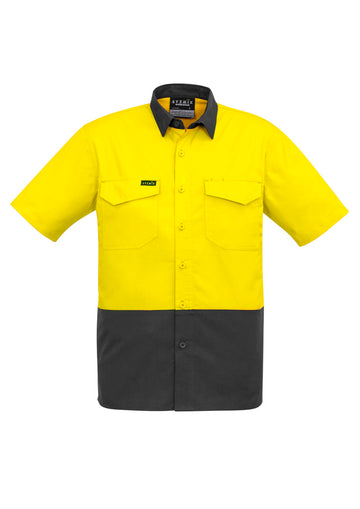 Mens Rugged Cooling Hi Vis Short Sleeve Shirt - Yellow/Charcoal