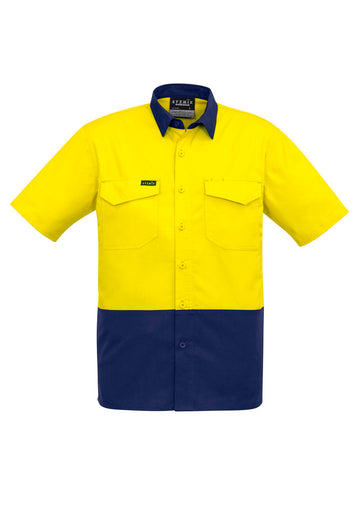 Mens Rugged Cooling Hi Vis Short Sleeve Shirt - Yellow/Navy