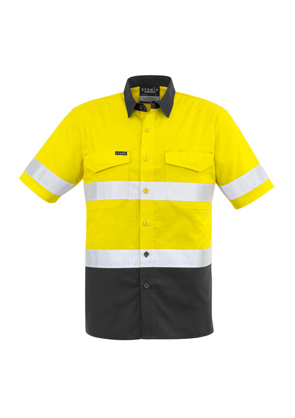 Mens Rugged Cooling Hi Vis Taped Short Sleeve Shirt - Yellow/Charcoal