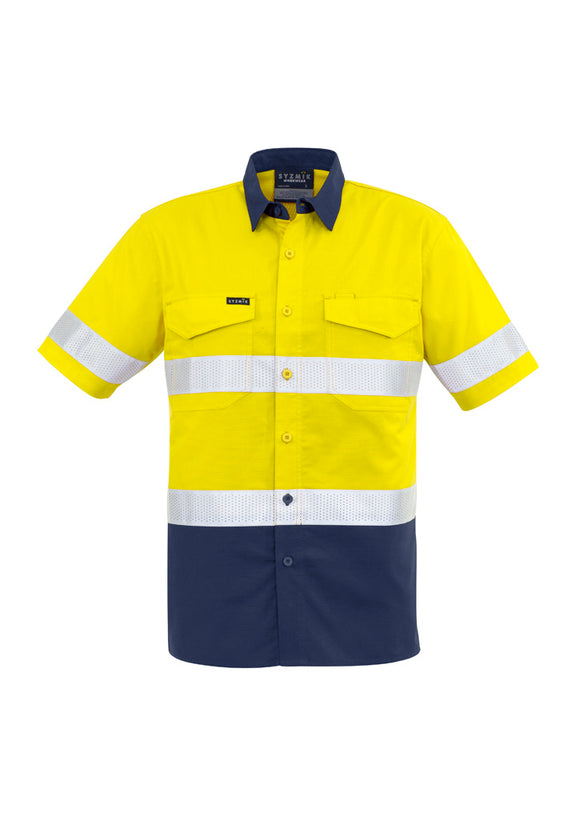 Mens Rugged Cooling Hi Vis Taped Short Sleeve Shirt - Yellow/Navy