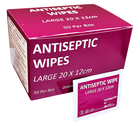 Antiseptic First Aid Wound Wipes 12cm x 20cm Box of 50 Individually Sealed
