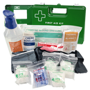 Stand alone trauma First Aid Kit In X Large Green Plastic Wall Mount Box, clip on and off mechanism, see contents list picture for reference only