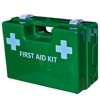 Stand alone trauma First Aid Kit In X Large Green Plastic Wall Mount Box, clip on and off mechanism, see contents list picture for reference only