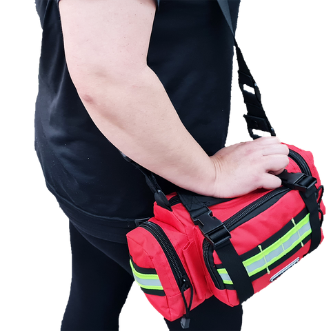 Personal Trauma First Aid Kit in EM13.007 Bag that can be used as sling bag, hand carry, or waist belt carry