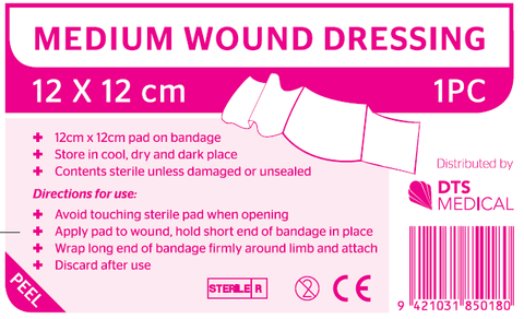 Wound Dressing Combo Pad And Bandage Medium 12cm x 12cm Single Sterile