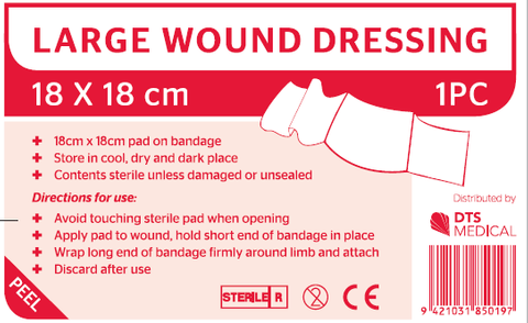 First Aid Large Wound Dressing pad on bandage 18 x 18cm