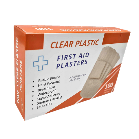 Plastic X wide Plasters Transparent 25mm x 76mm 100's Boxed