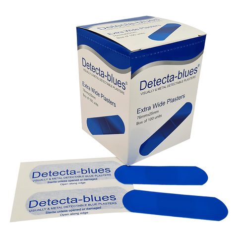 Detecta-Blue, Visual And Metal Detectable Plasters Blue Plasters X Wide 25mm x 76mm Box 100 Sterile