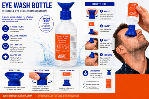 Eye & Wound Wash Saline Solution Sterile, 500 ml with Eye Wash Attachment
